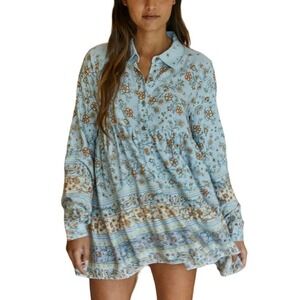 Floral Paisley Boho Long Sleeve Mini Shirt Dress Womens Size Small